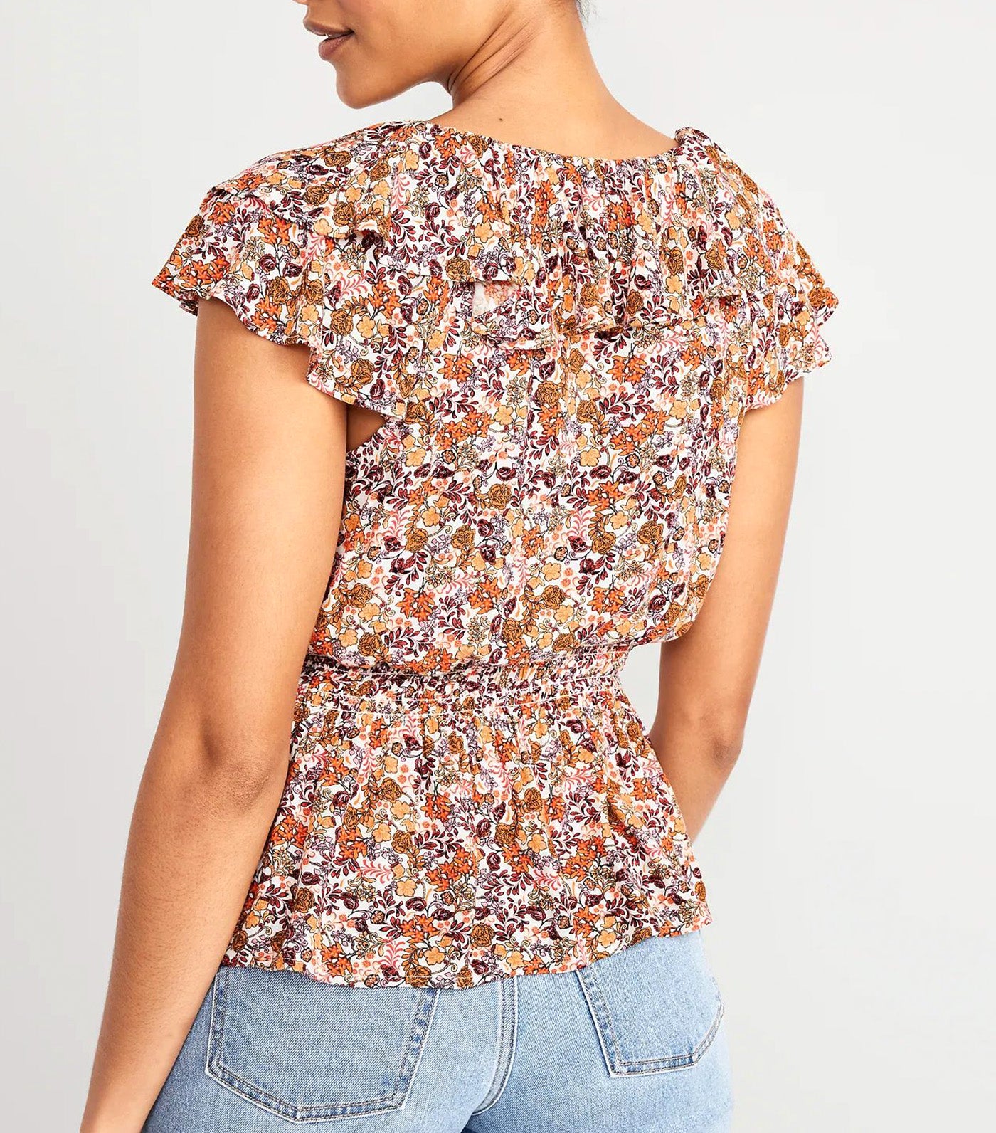 Waist-Defined Sleeveless Ruffle-Trim Top for Women Ditsy Floral