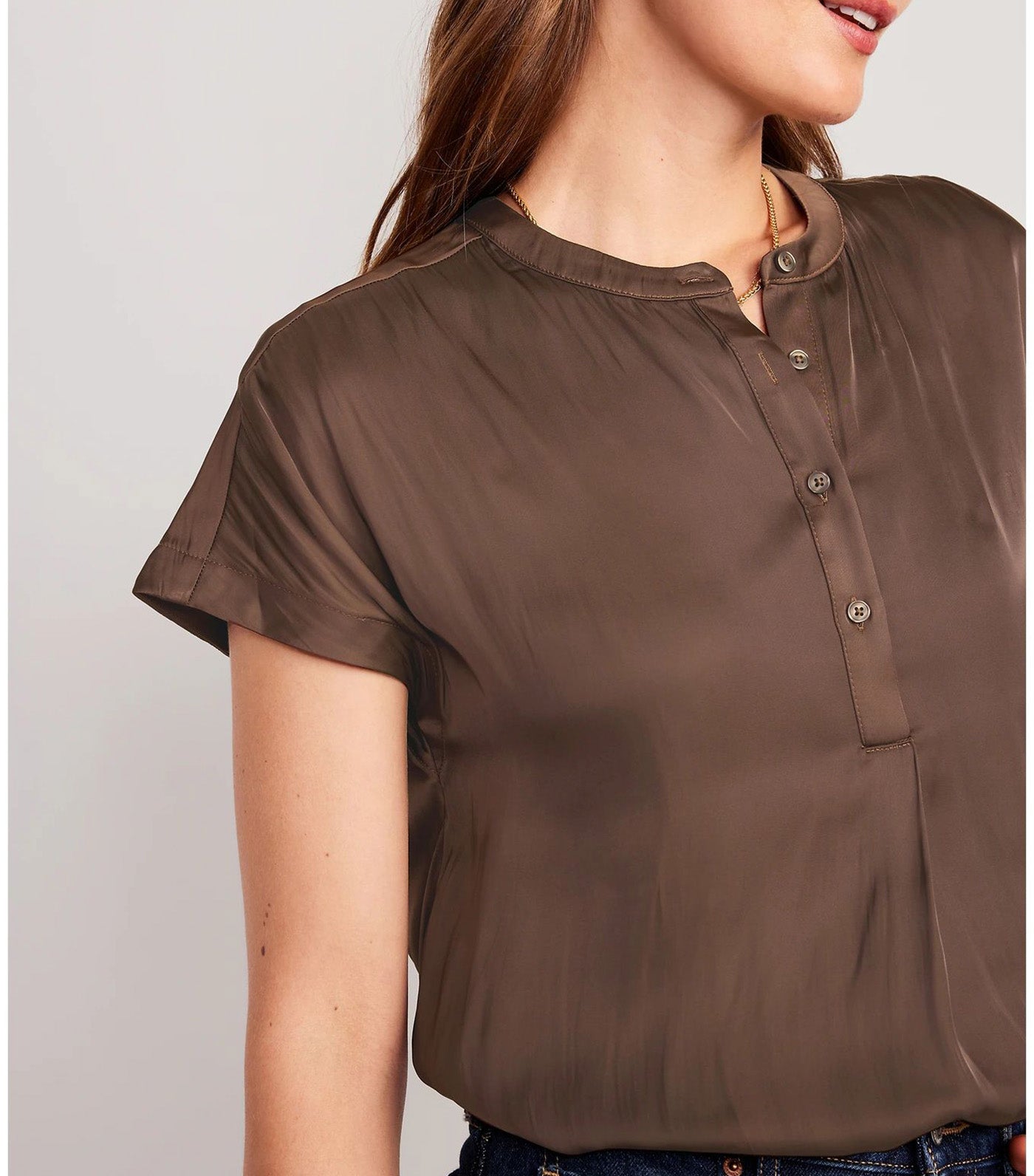 Dolman Sleeve Satin Popover Shirt for Women Espresso Bark