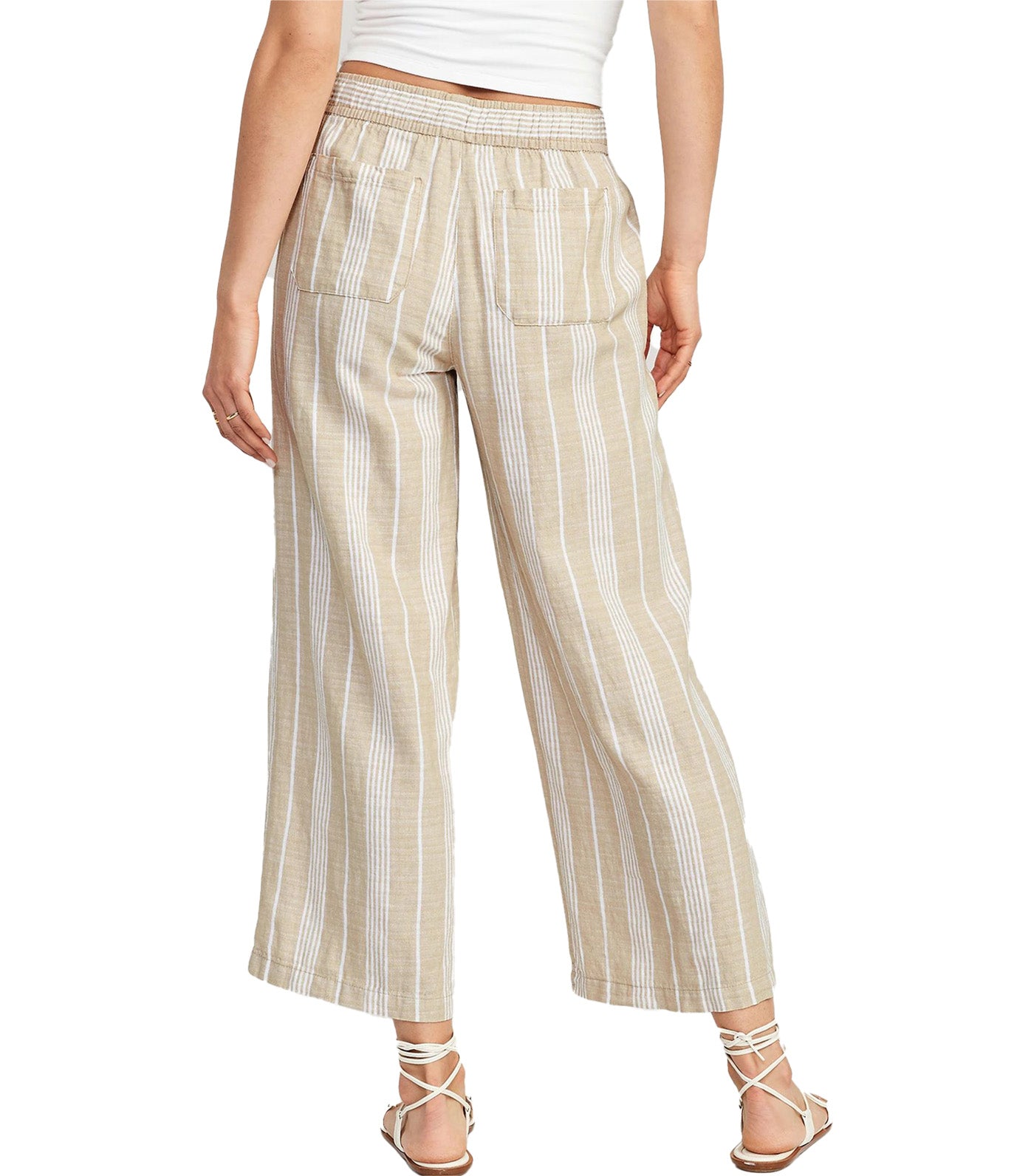 High-Waisted Linen-Blend Wide-Leg Pants for Women Neutral Stripe