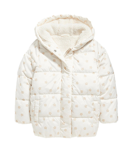 Cocoon Sherpa-Lined Hooded Puffer Jacket for Girls Cream Floral