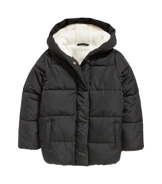 Cocoon Sherpa-Lined Hooded Puffer Jacket for Girls Black Jack