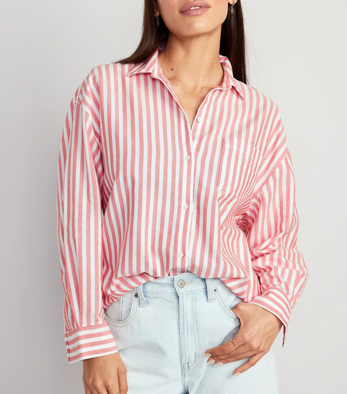 Striped Oxford Boyfriend Shirt for Women White/Red Stripe