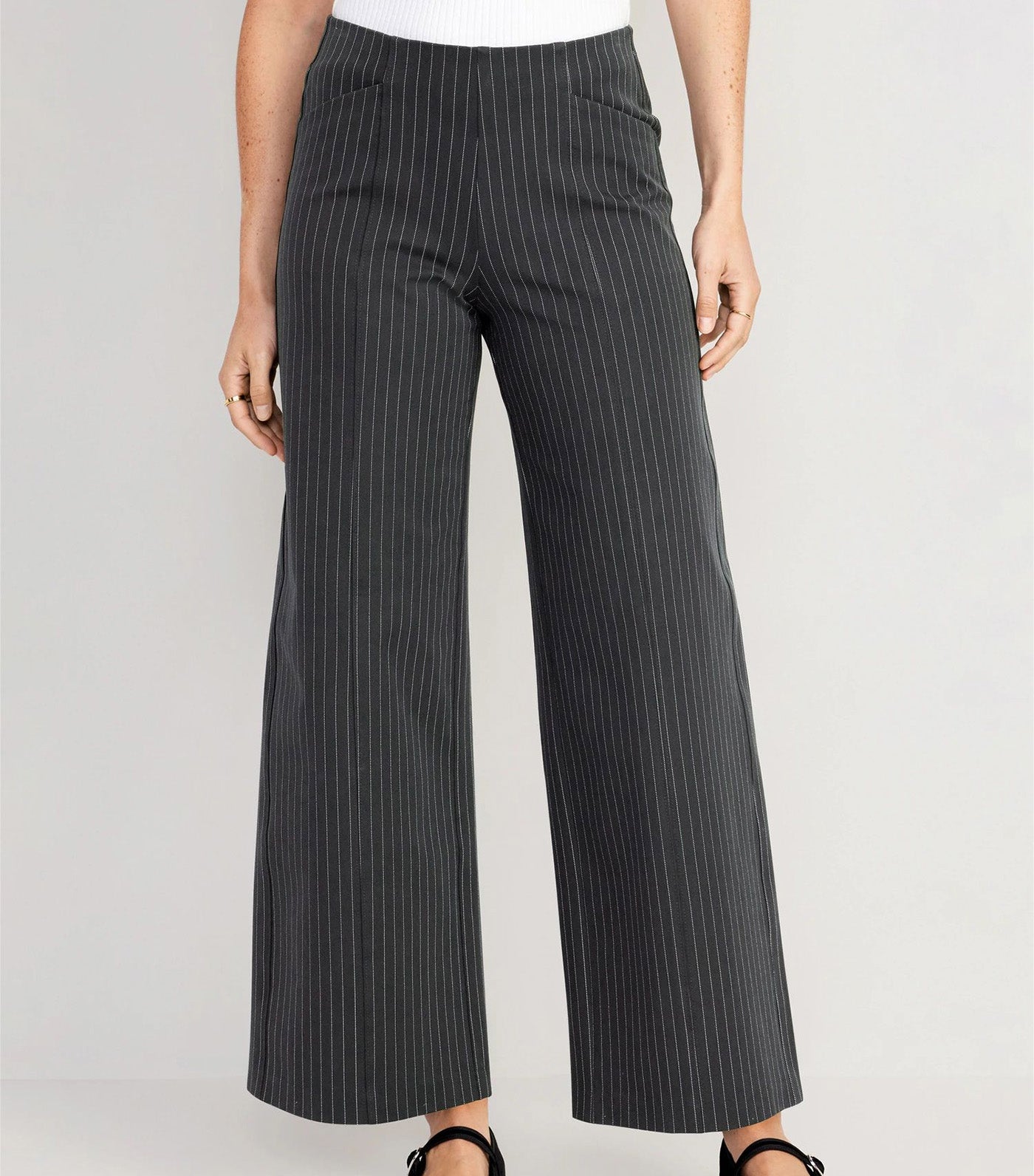 High-Waisted Pull-On Pixie Wide-Leg Pants for Women Gray Pinstripe