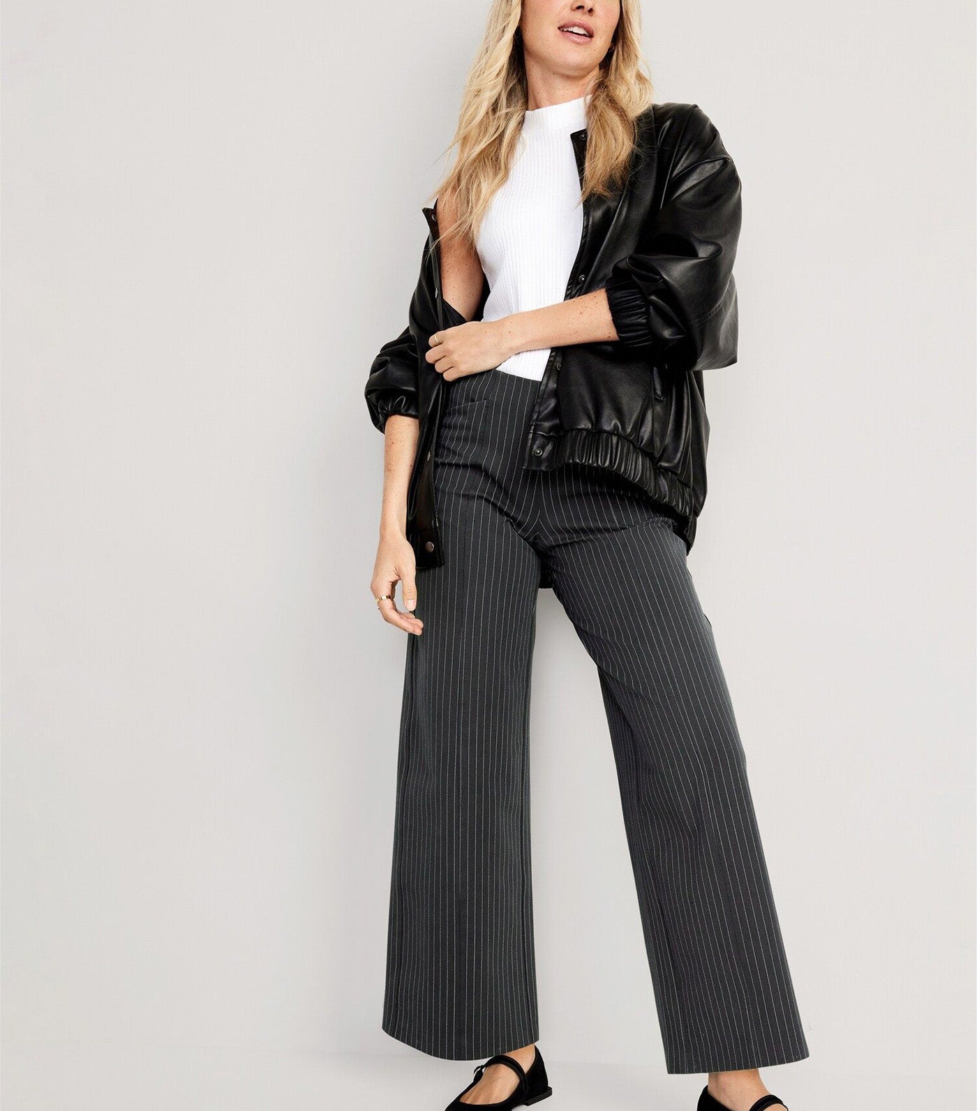 High-Waisted Pull-On Pixie Wide-Leg Pants for Women Gray Pinstripe