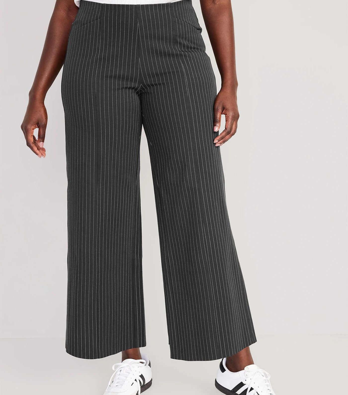 High-Waisted Pull-On Pixie Wide-Leg Pants for Women Gray Pinstripe