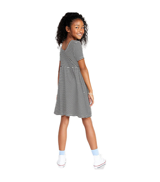 Jersey-Knit Short-Sleeve Printed Dress for Girls Black Stripes