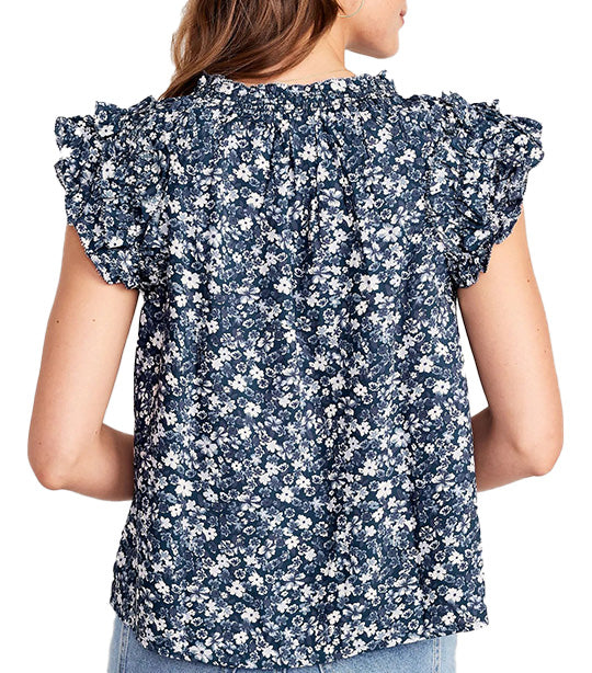 Sleeveless Ruffle-Trim Smocked Top for Women Blue Floral