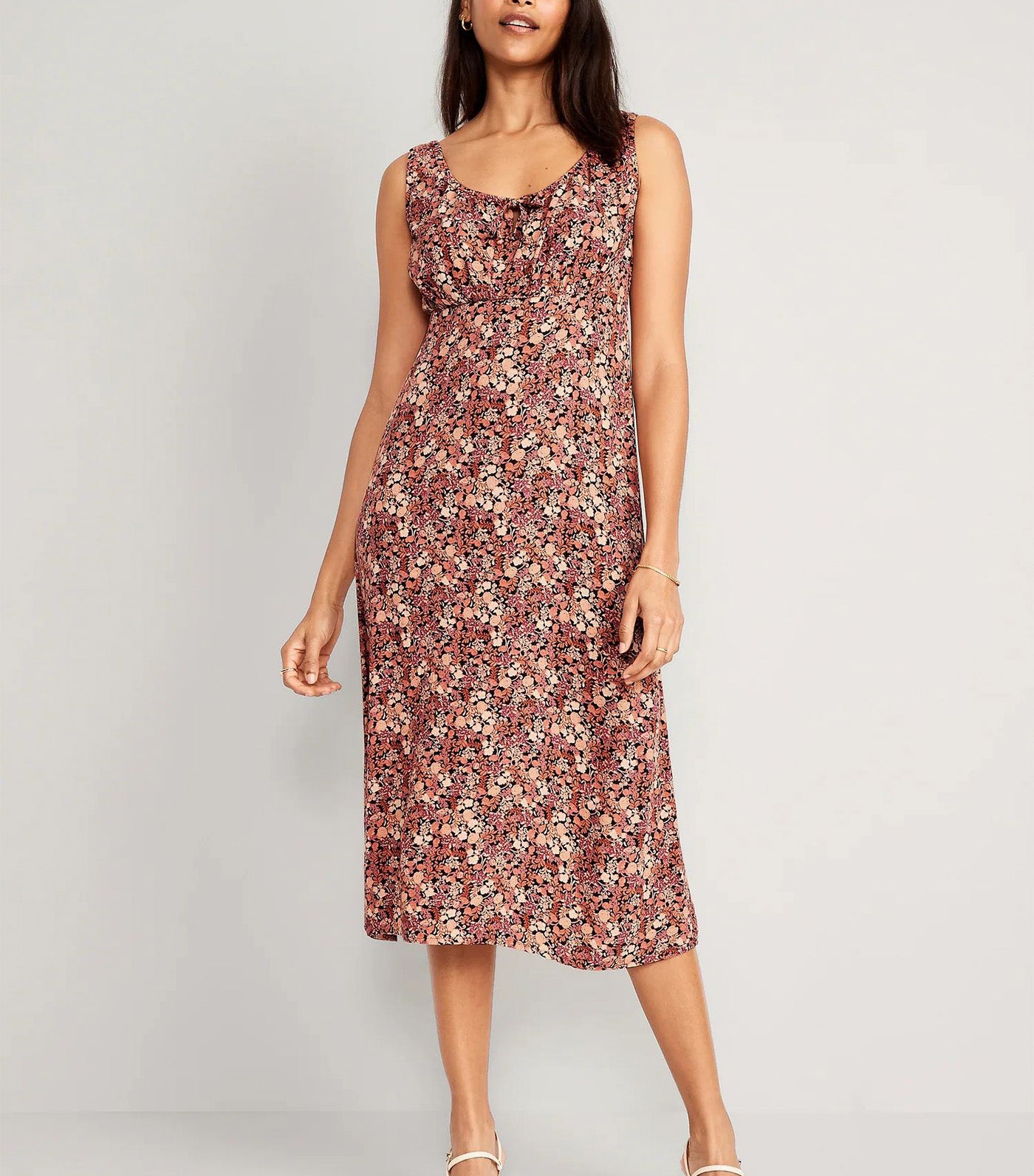Waist-Defined Sleeveless Printed Crepe Midi Dress for Women Brown Floral