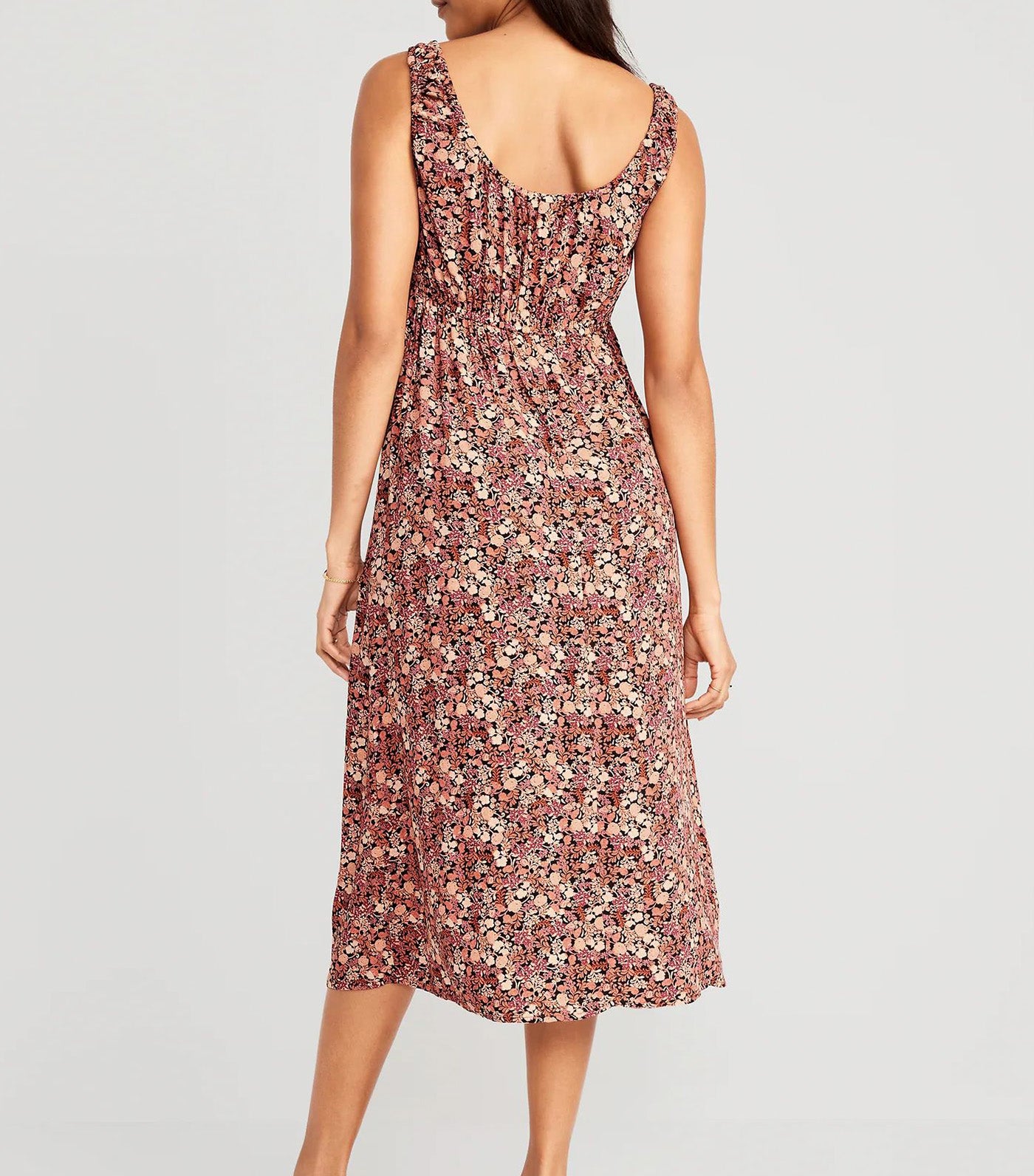 Waist-Defined Sleeveless Printed Crepe Midi Dress for Women Brown Floral