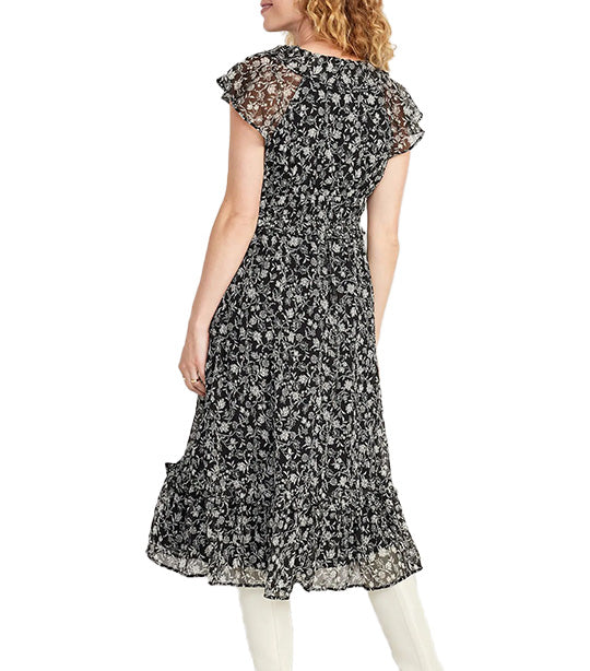Waist-Defined Flutter-Sleeve Midi Dress for Women Black Ditsy Floral