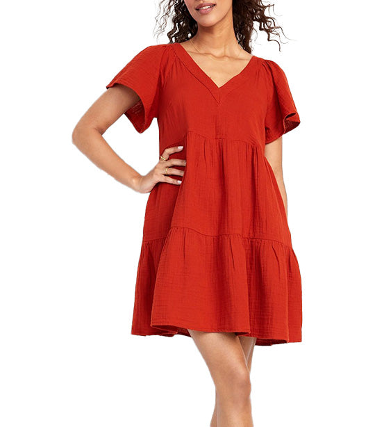 V-Neck Tiered Mini Swing Dress for Women Flame Scarlet