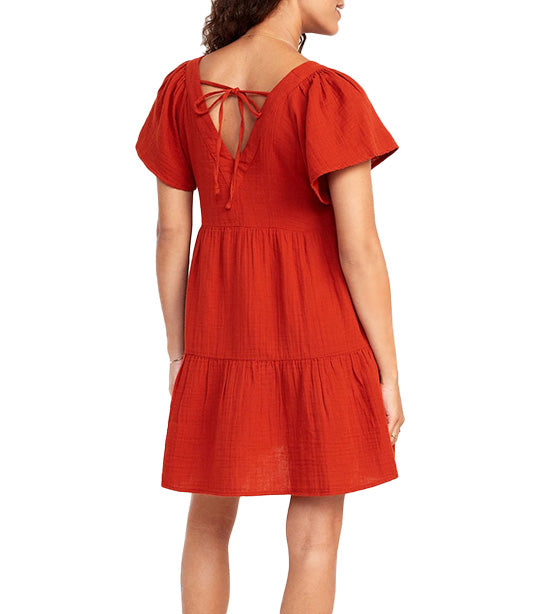V-Neck Tiered Mini Swing Dress for Women Flame Scarlet