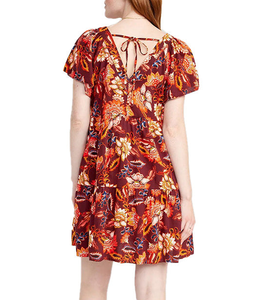 V-Neck Tiered Floral Mini Swing Dress for Women Red Floral