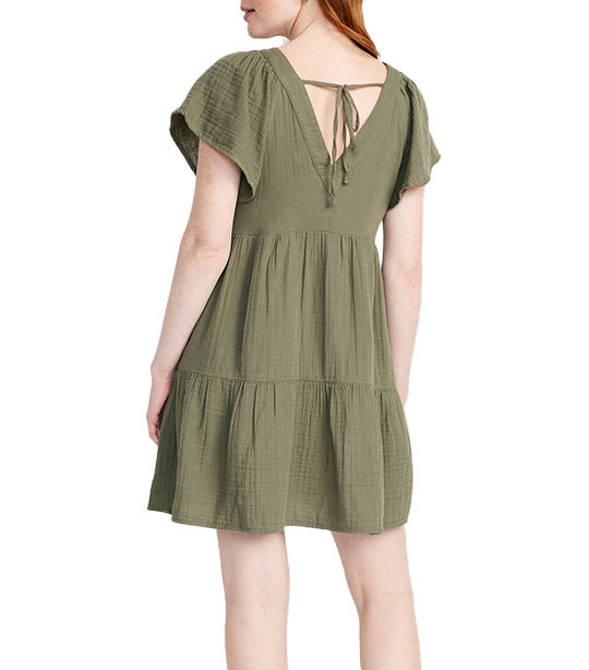 V-Neck Tiered Mini Swing Dress for Women Stone Wall