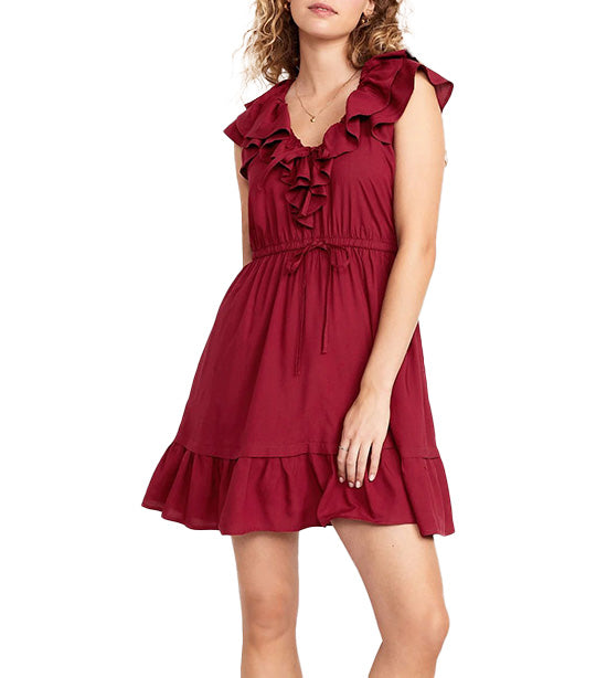 Waist-Defined Ruffle-Trim Mini Dress for Women Red Red Wine