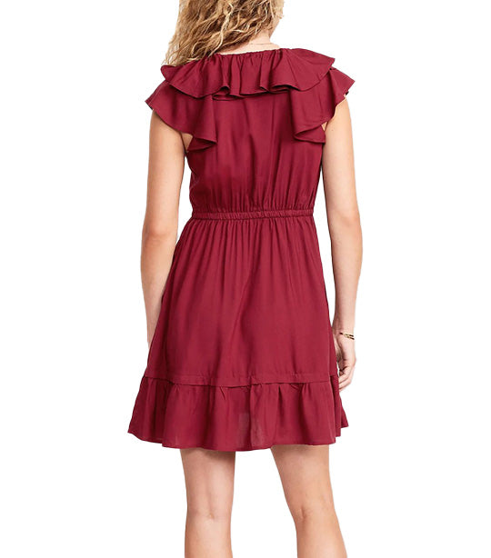 Waist-Defined Ruffle-Trim Mini Dress for Women Red Red Wine