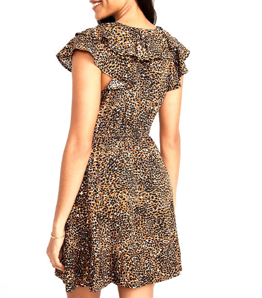 Waist-Defined Ruffle-Trim Mini Dress for Women Brown Leopard
