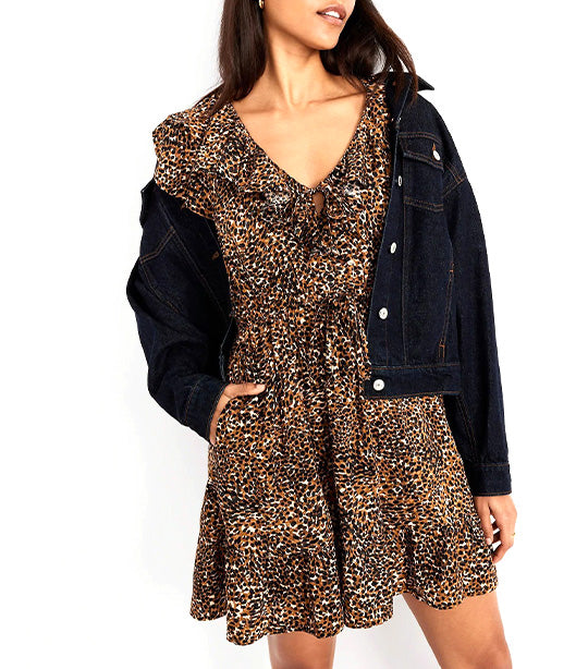 Waist-Defined Ruffle-Trim Mini Dress for Women Brown Leopard