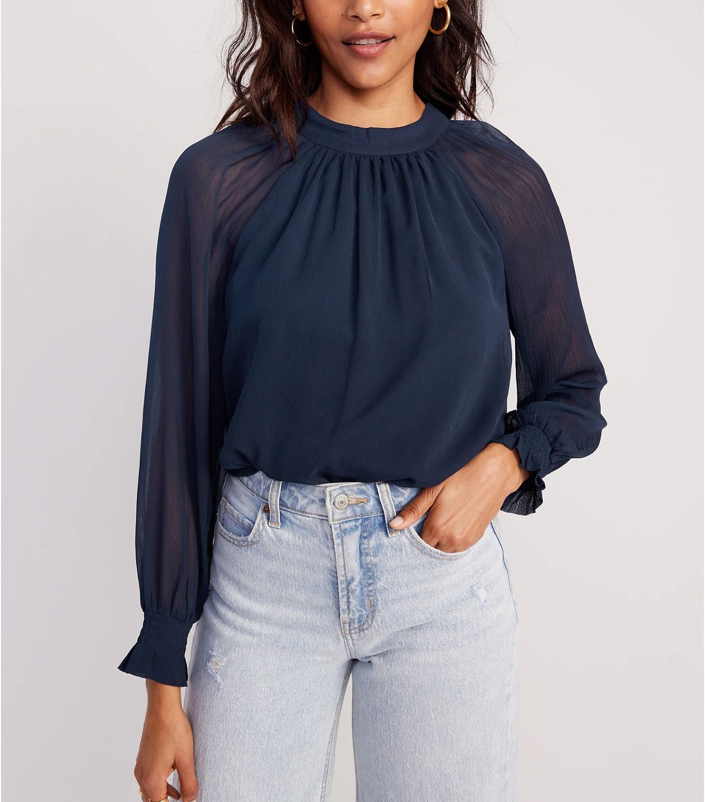 Shirred Mock-Neck Tie-Back Blouse for Women In The Navy