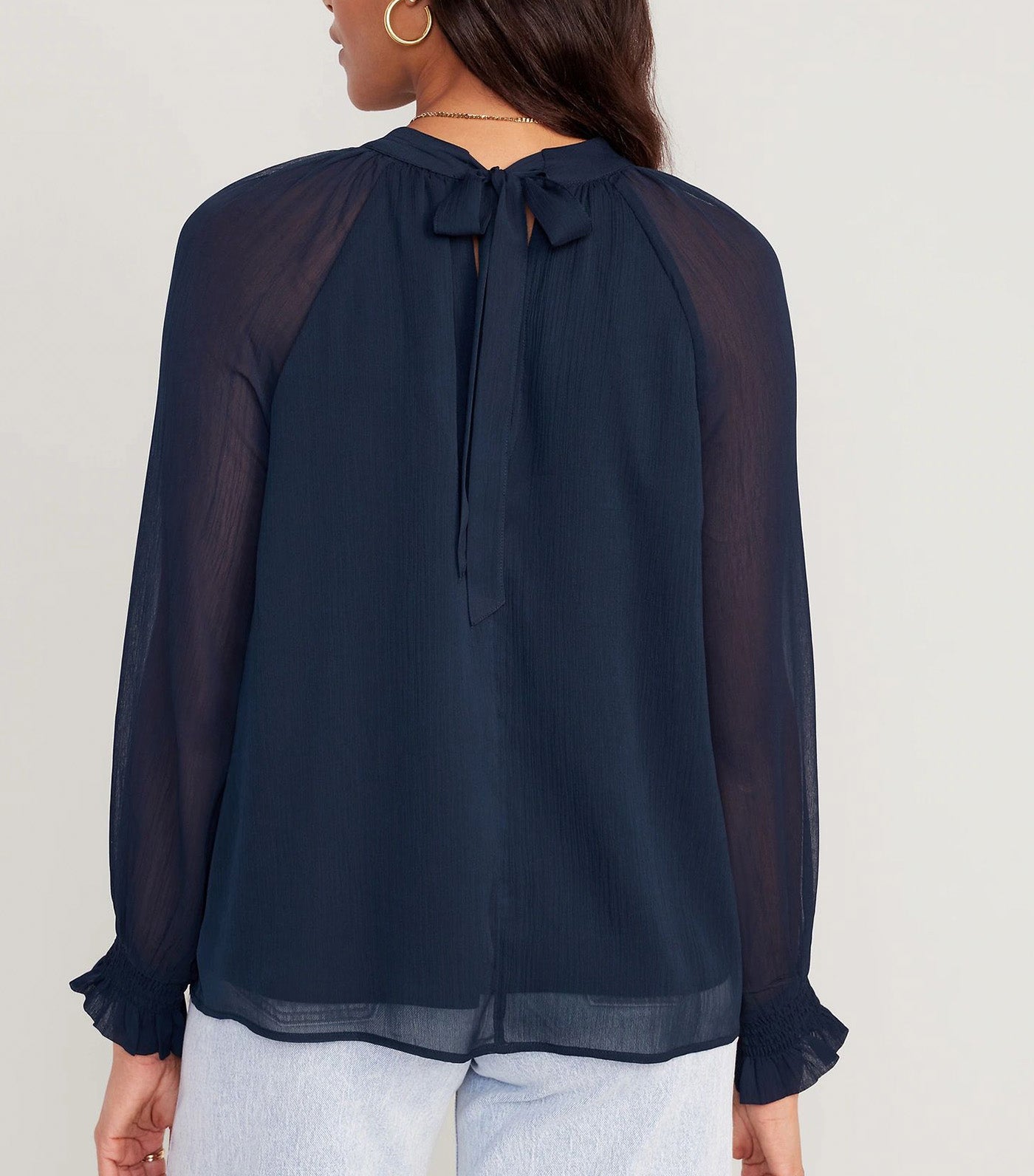 Shirred Mock-Neck Tie-Back Blouse for Women In The Navy
