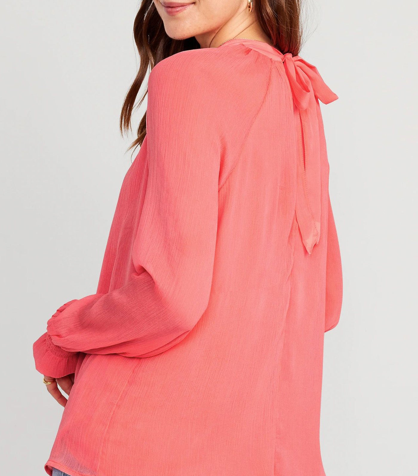 Shirred Mock-Neck Tie-Back Blouse for Women Coral Tropics