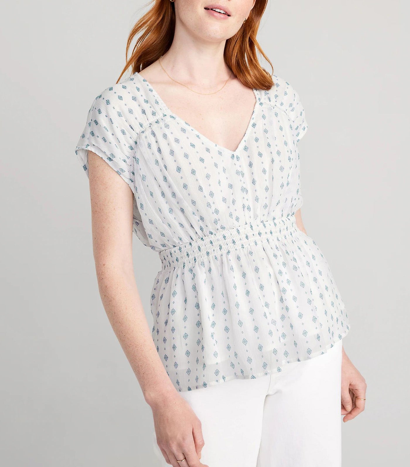 Waist-Defined Printed Dolman-Sleeve Top for Women White Geo