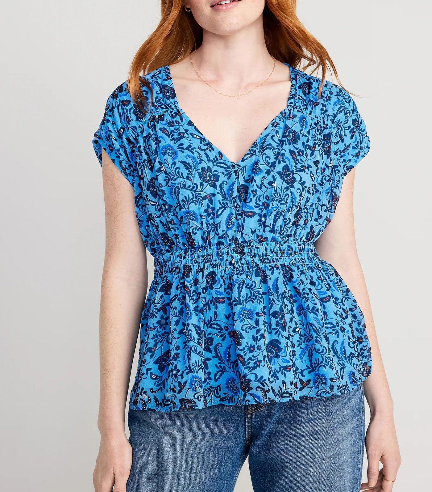 Waist-Defined Printed Dolman-Sleeve Top for Women Blue Floral