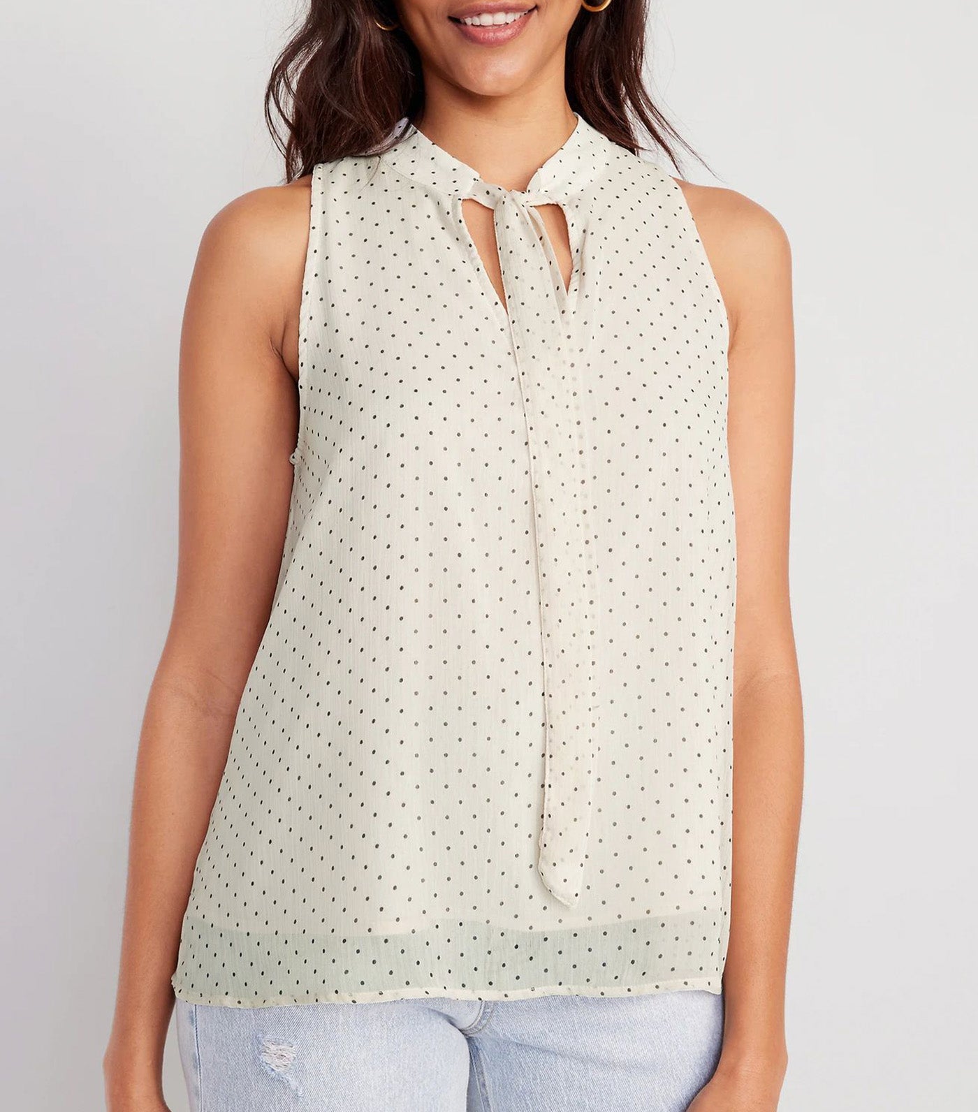 High Neck Bow-Front Chiffon Top for Women White Dots