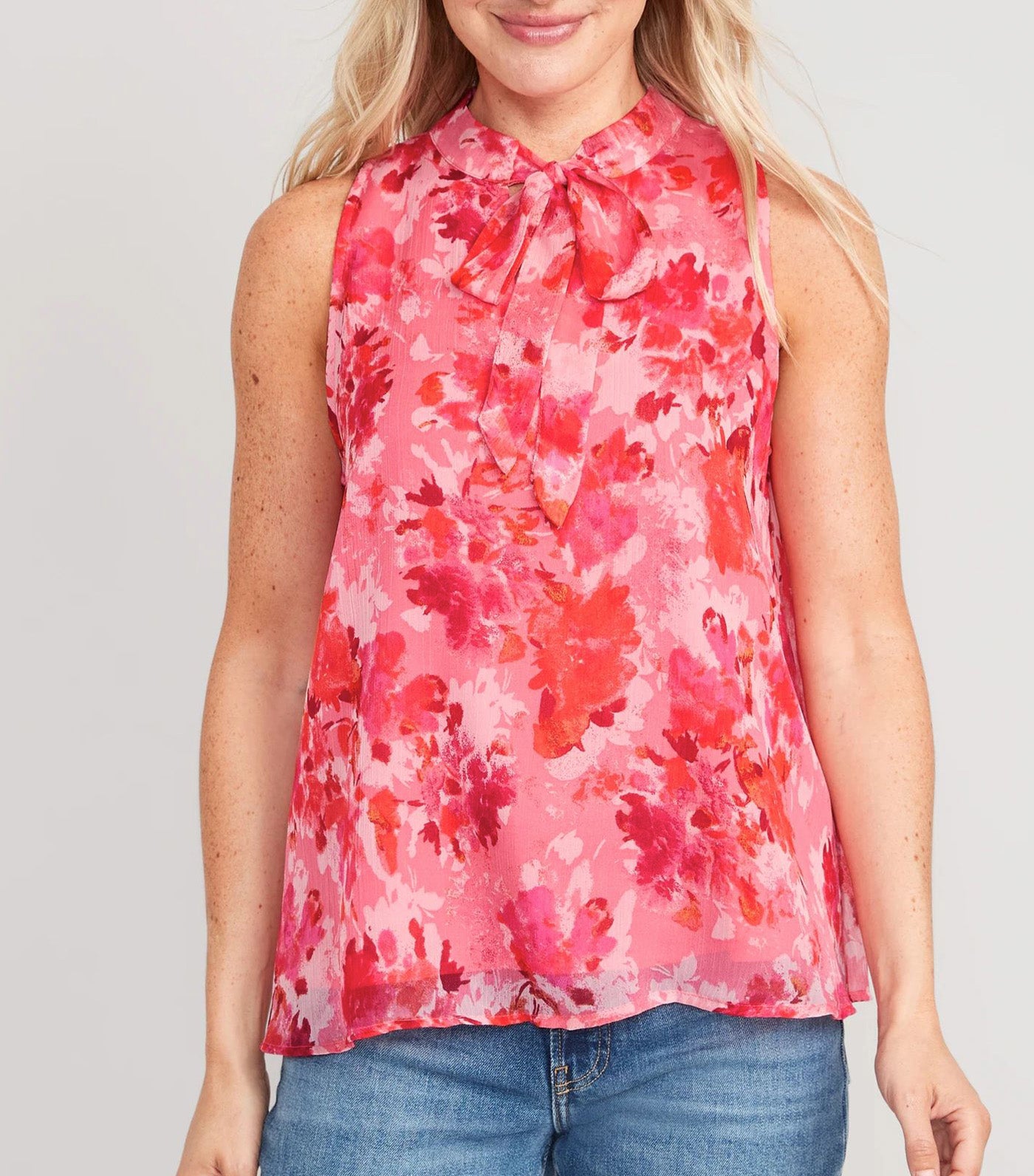 High Neck Bow-Front Chiffon Top for Women Pink Floral