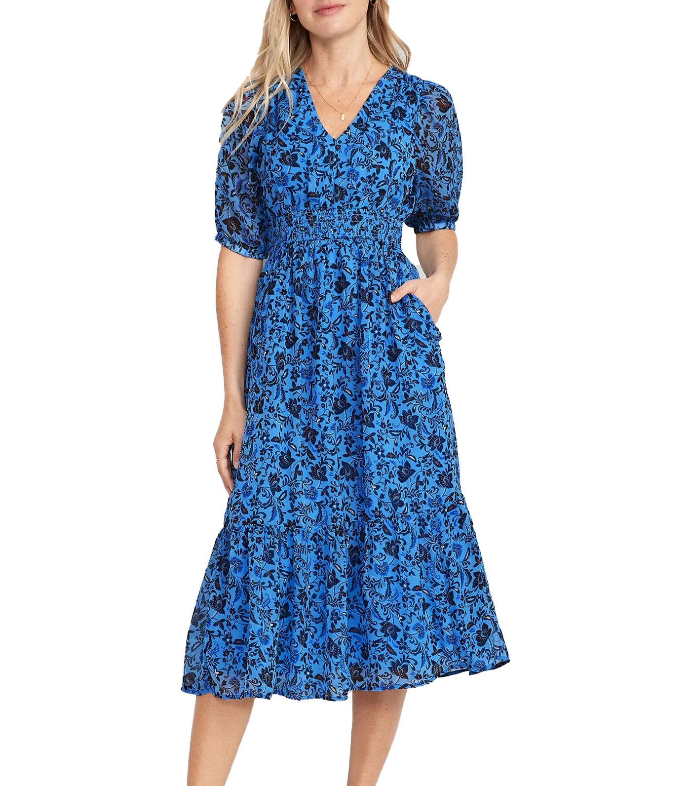 Waist-Defined V-Neck Midi Dress for Women Blue Floral