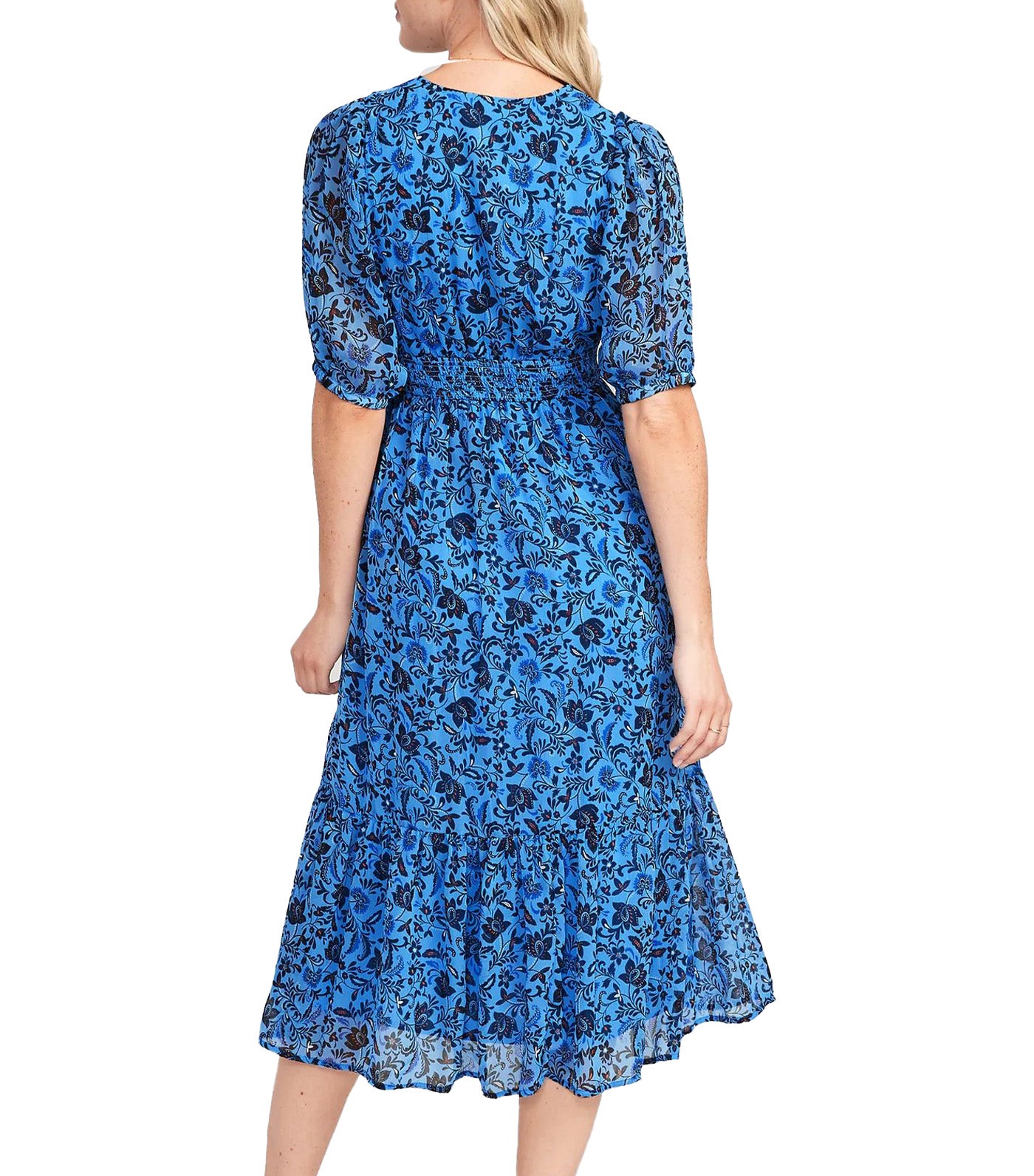 Waist-Defined V-Neck Midi Dress for Women Blue Floral