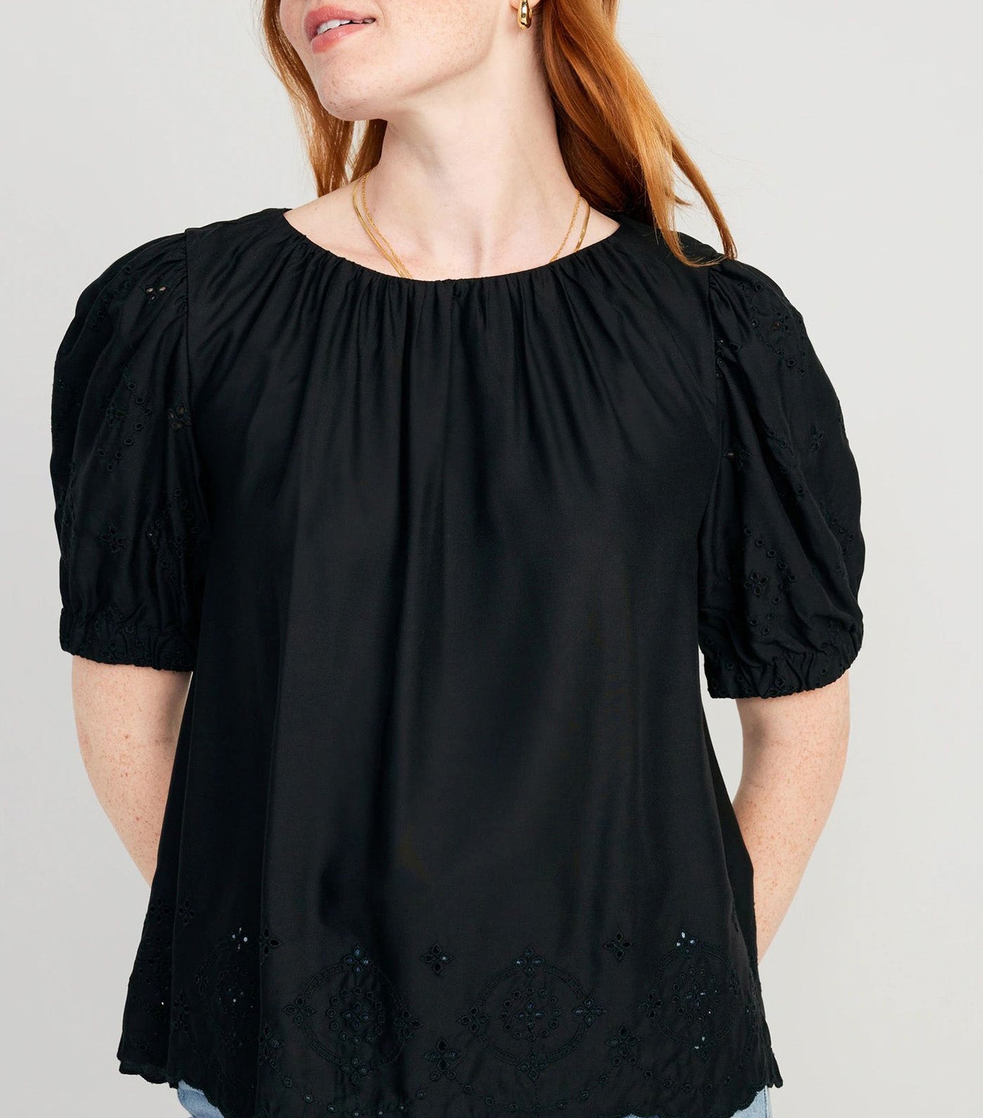 Puff-Sleeve Shirred Top for Women Black Jack