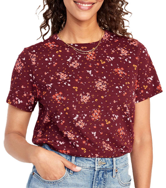 EveryWear Printed Slub-Knit T-Shirt for Women Burgundy Floral