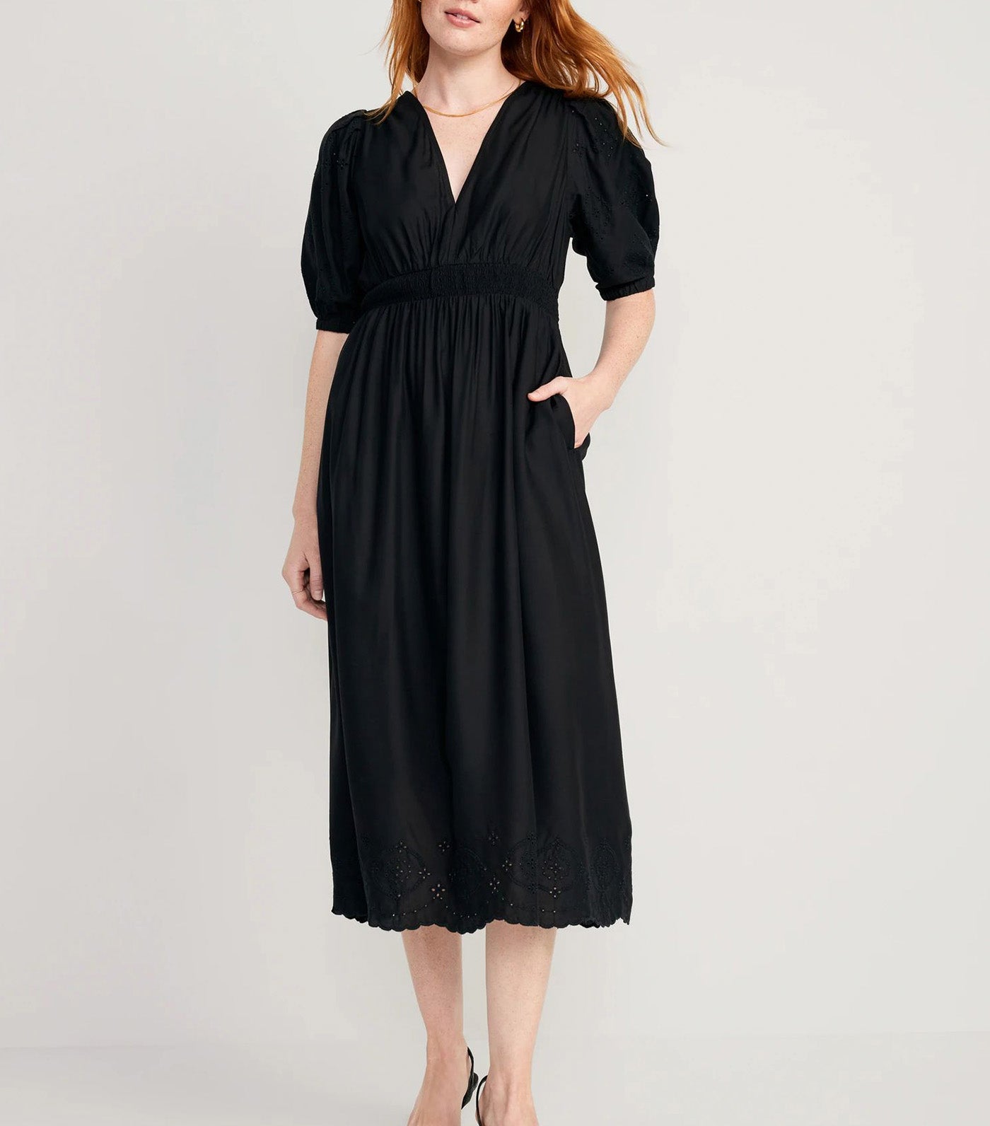 Waist-Defined V-Neck Shirred Midi Dress for Women Black Jack