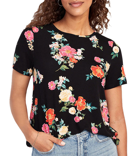 Luxe Crew-Neck T-Shirt for Women Large Black Floral