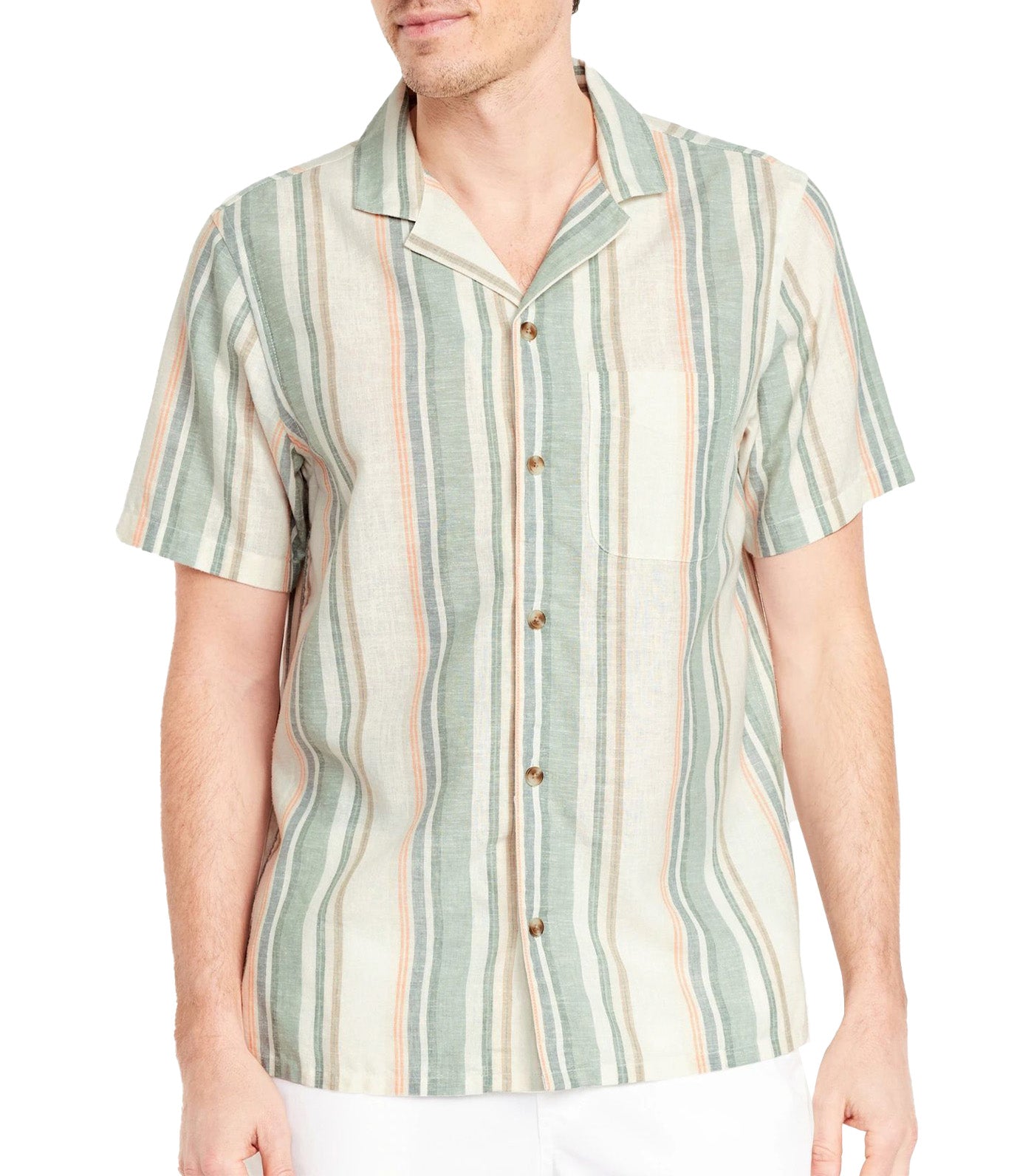 Short-Sleeve Printed Camp Shirt for Men Blue/Green Stripe