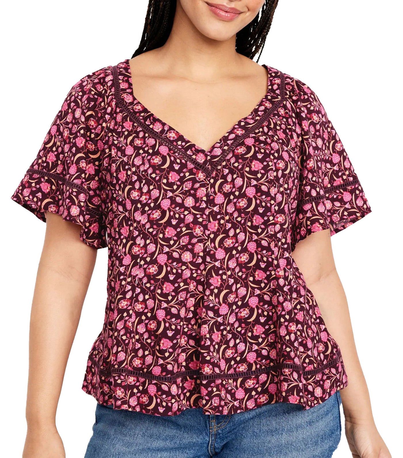 V-Neck Lace-Trim Top for Women Red Floral