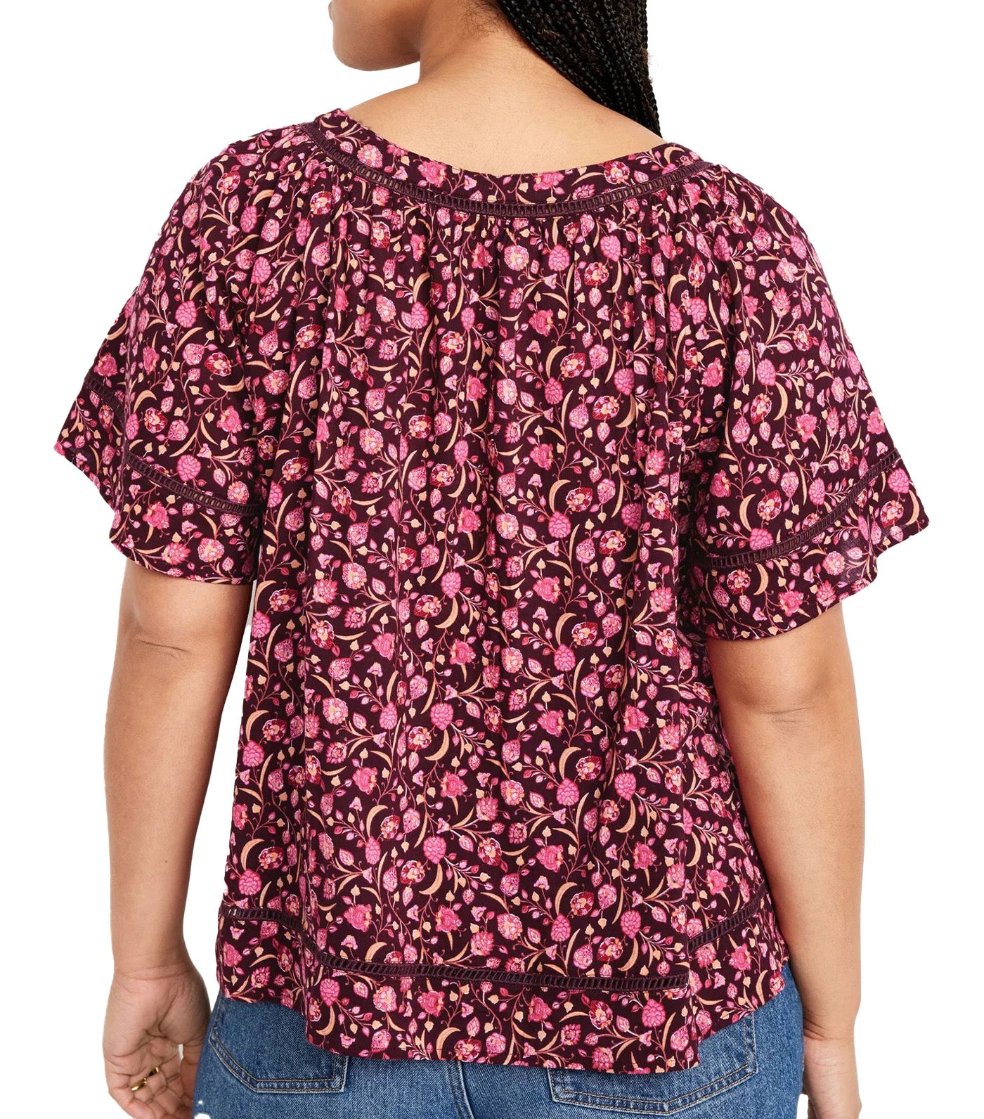 V-Neck Lace-Trim Top for Women Red Floral
