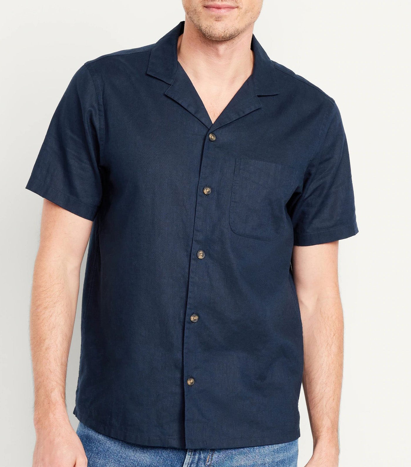 Short-Sleeve Linen-Blend Camp Shirt For Men In The Navy