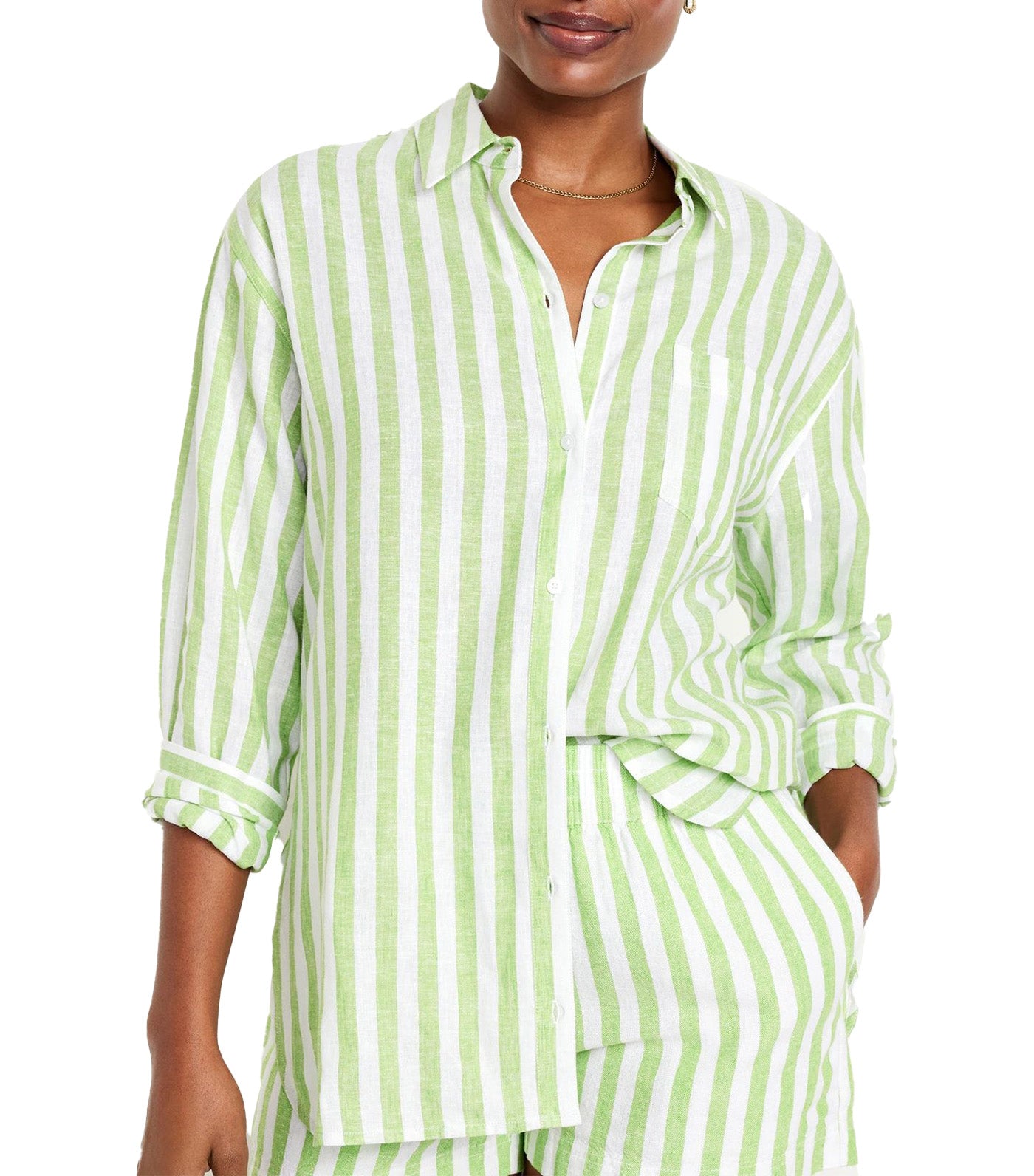 Linen-Blend Striped Boyfriend Shirt for Women Green Stripe