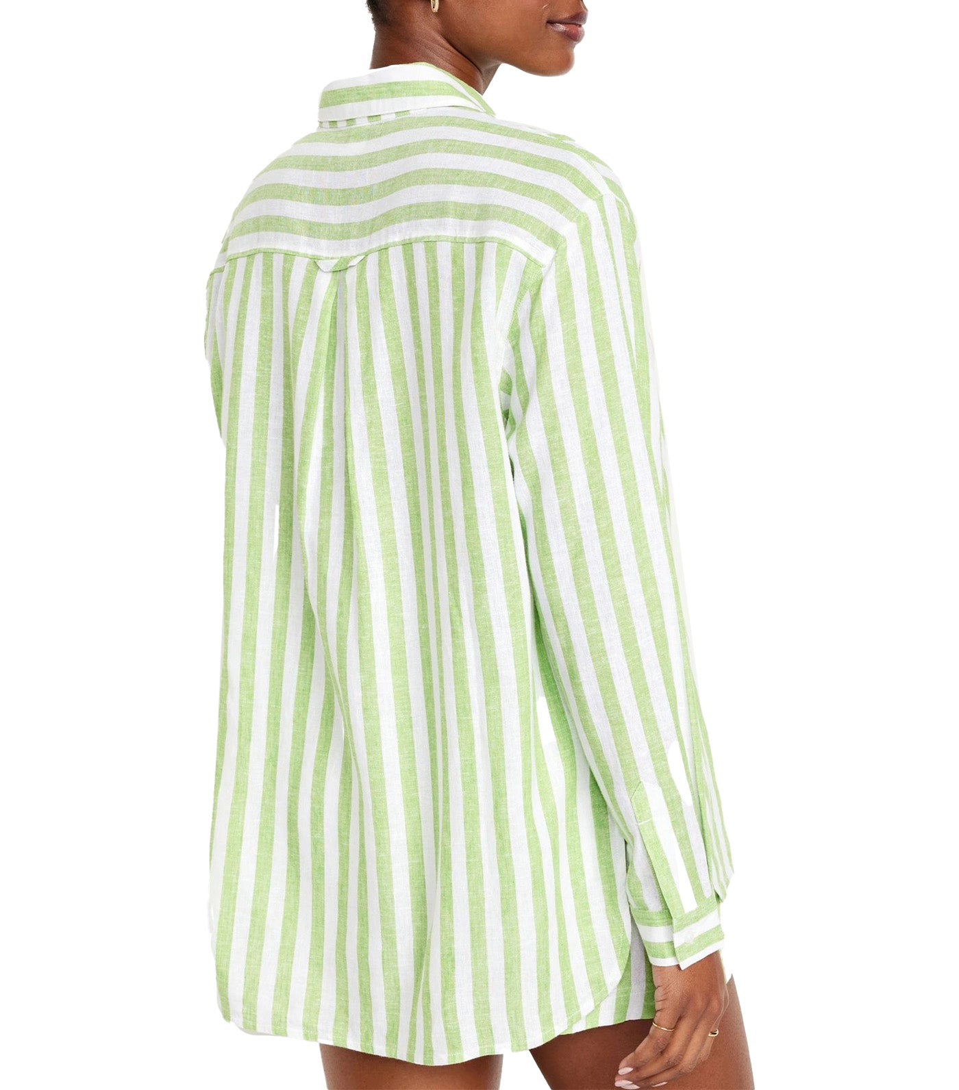 Linen-Blend Striped Boyfriend Shirt for Women Green Stripe