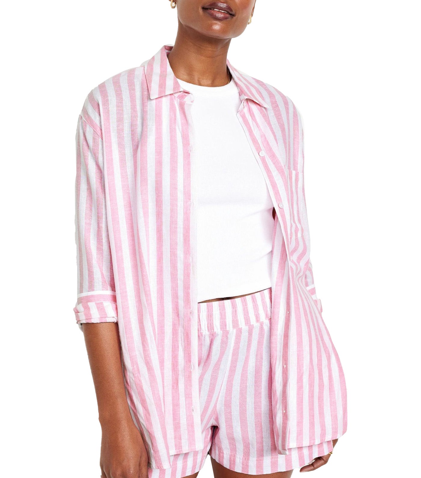Linen-Blend Striped Boyfriend Shirt for Women Pink Stripe