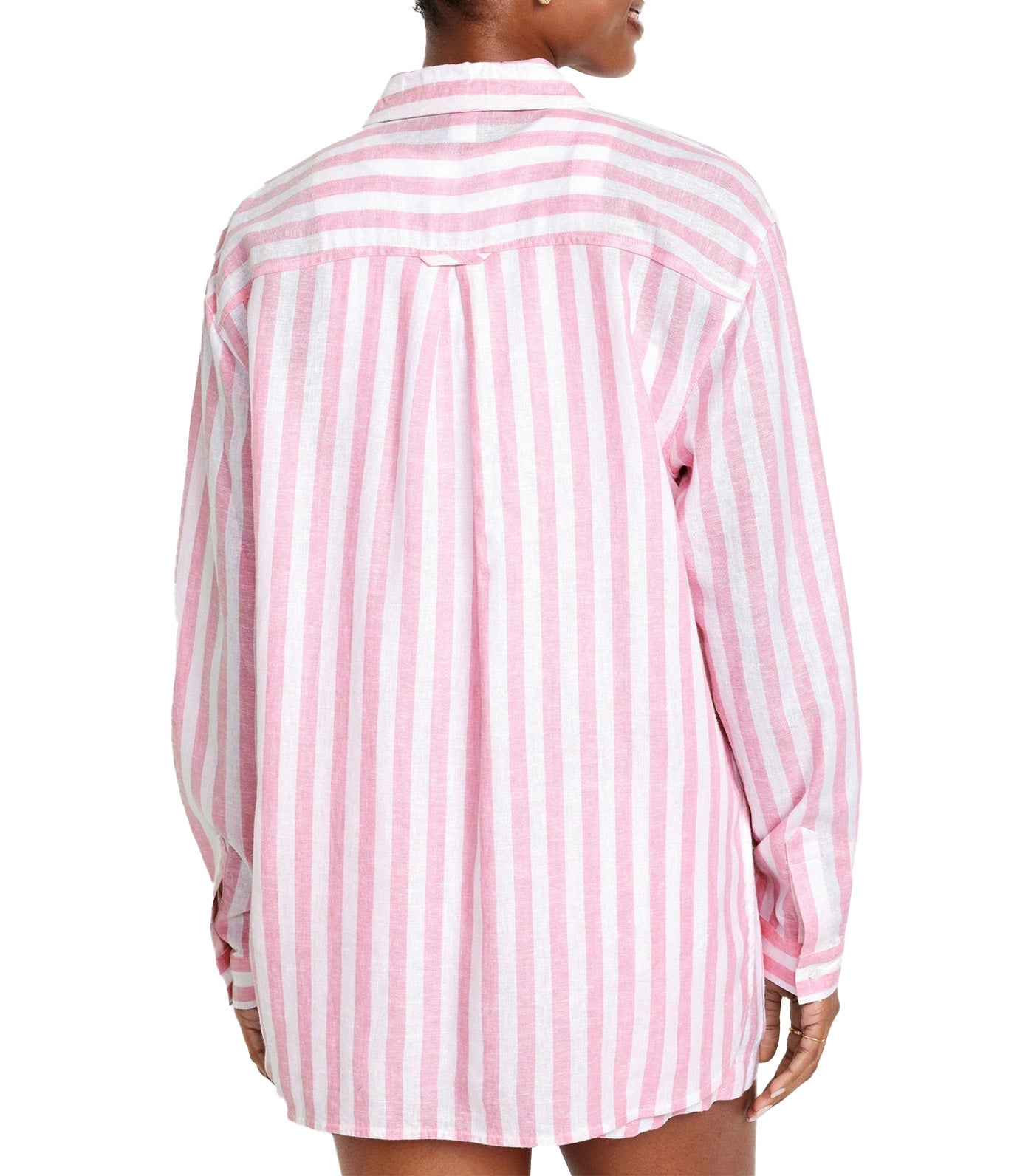 Linen-Blend Striped Boyfriend Shirt for Women Pink Stripe