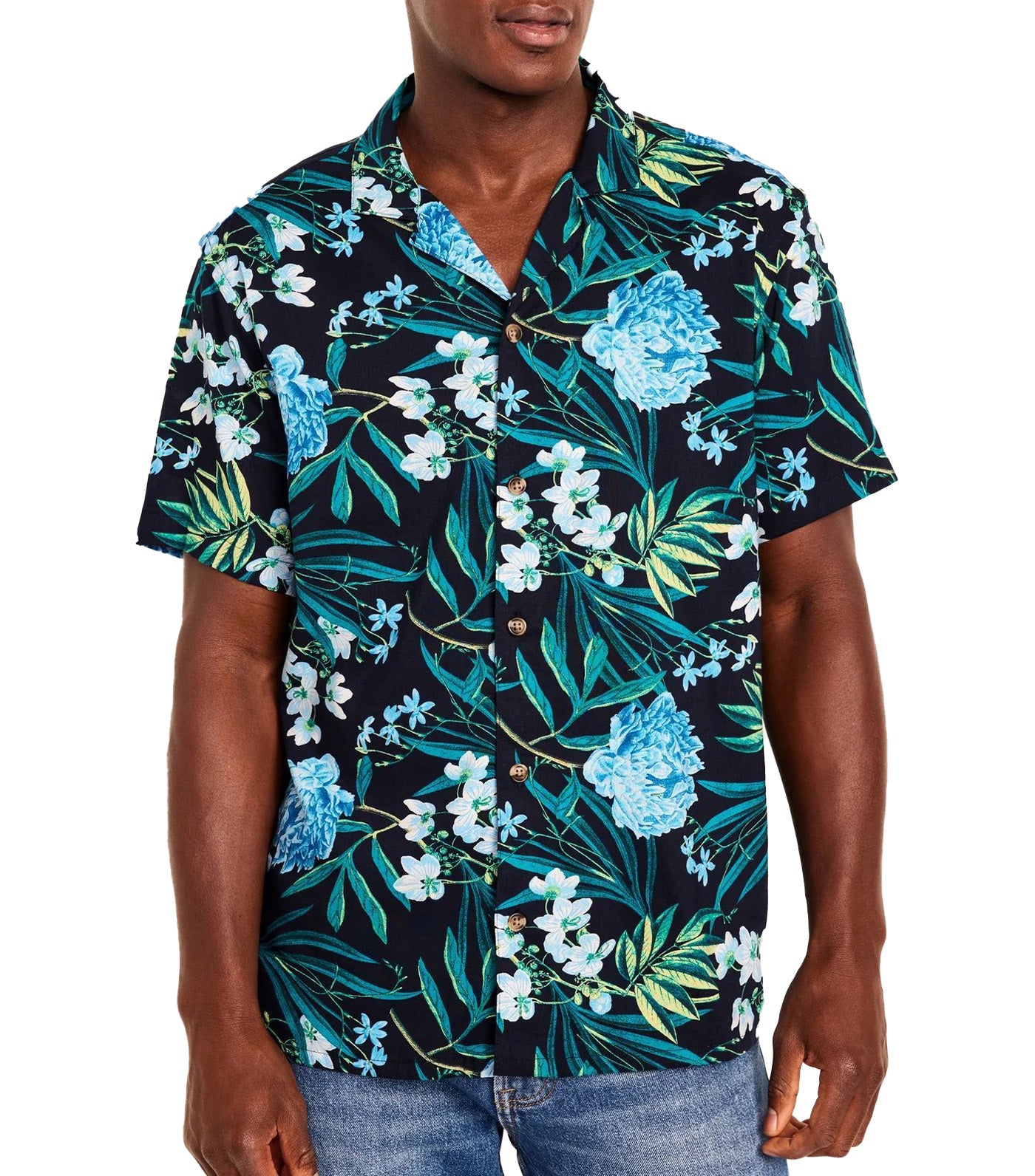 Short-Sleeve Printed Camp Shirt for Men Blue Floral
