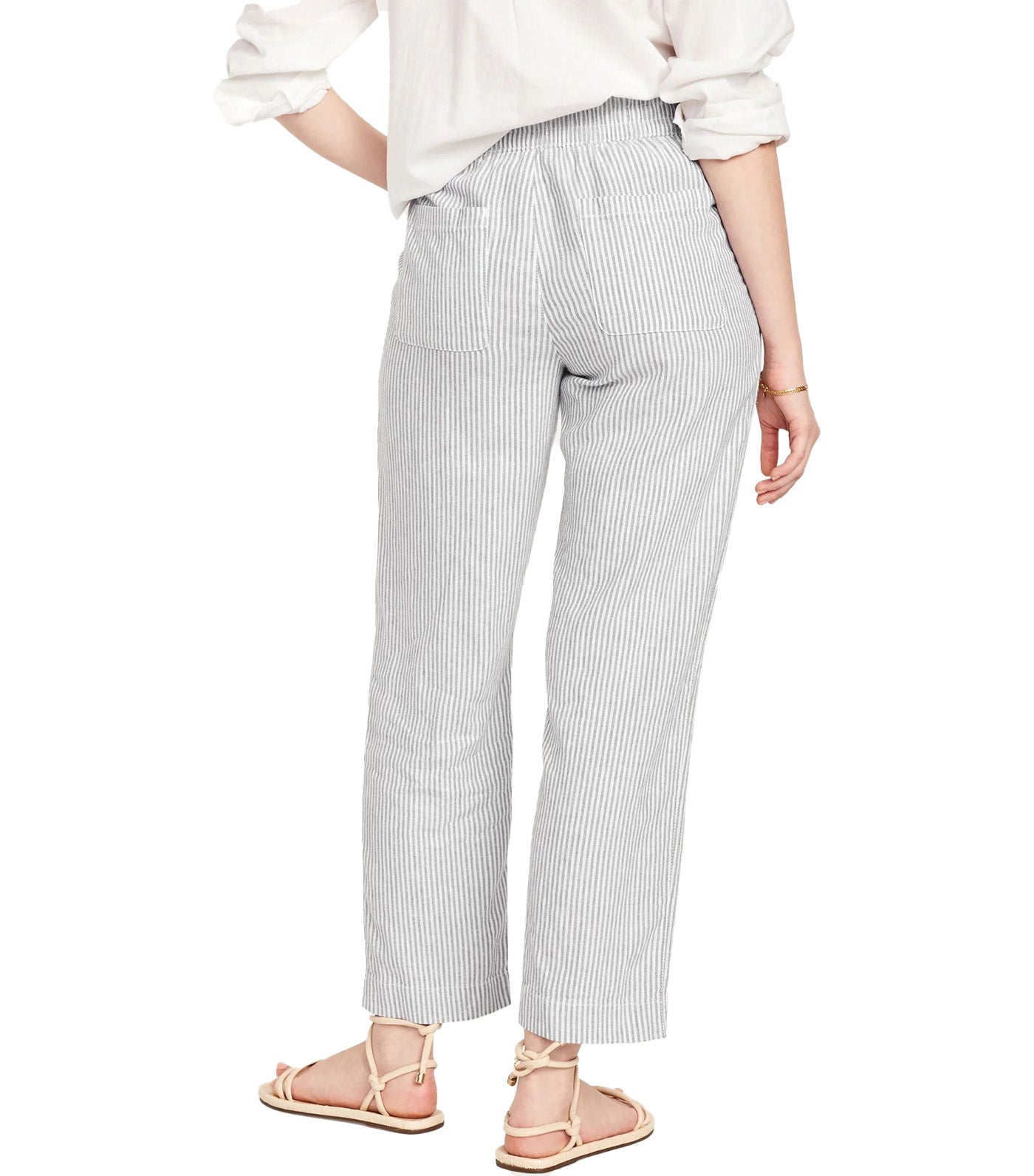 High-Waisted Linen-Blend Straight Pants for Women Grey Stripe