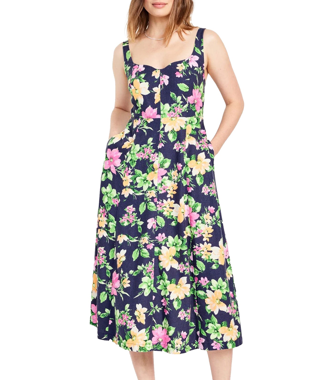 Fit & Flare Linen-Blend Midi Dress for Women Navy Floral