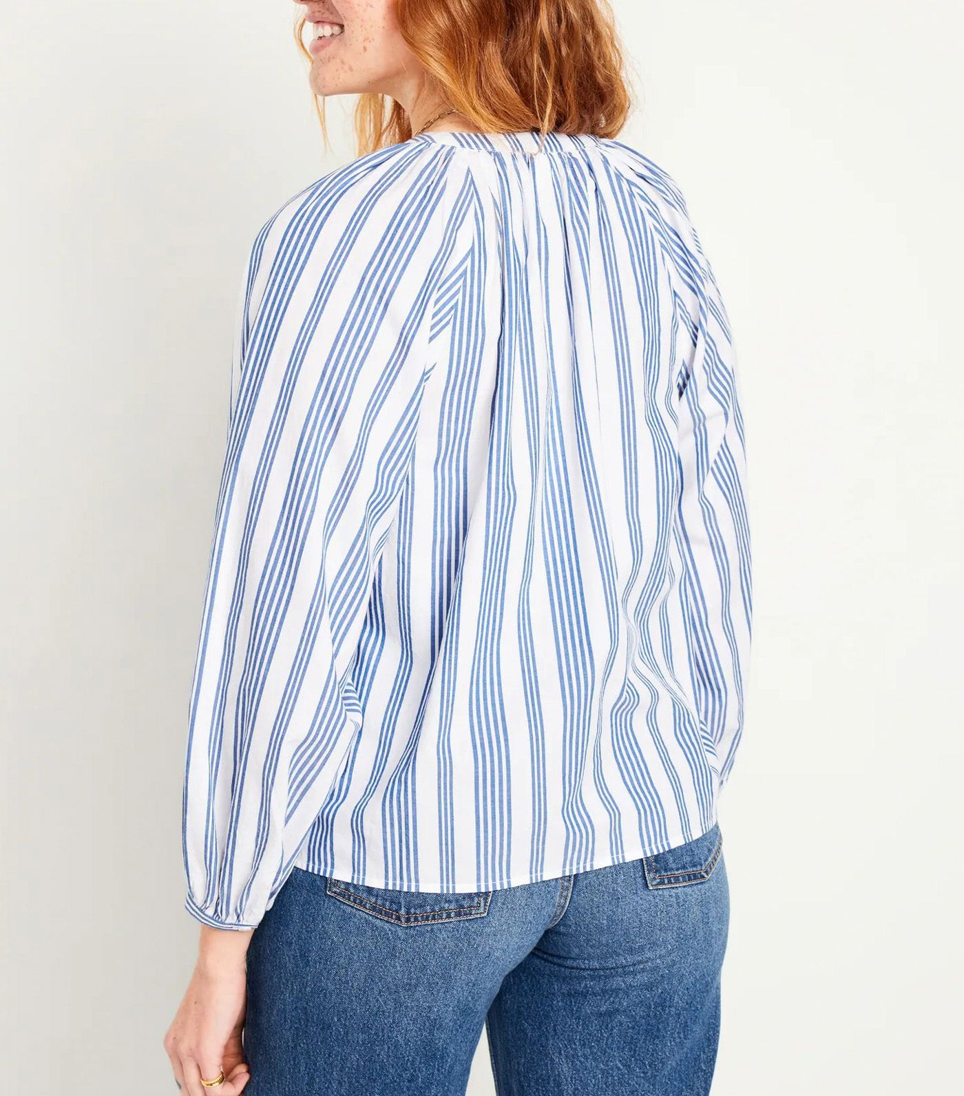 Long-Sleeve Split-Neck Top For Women White/Blue Stripe