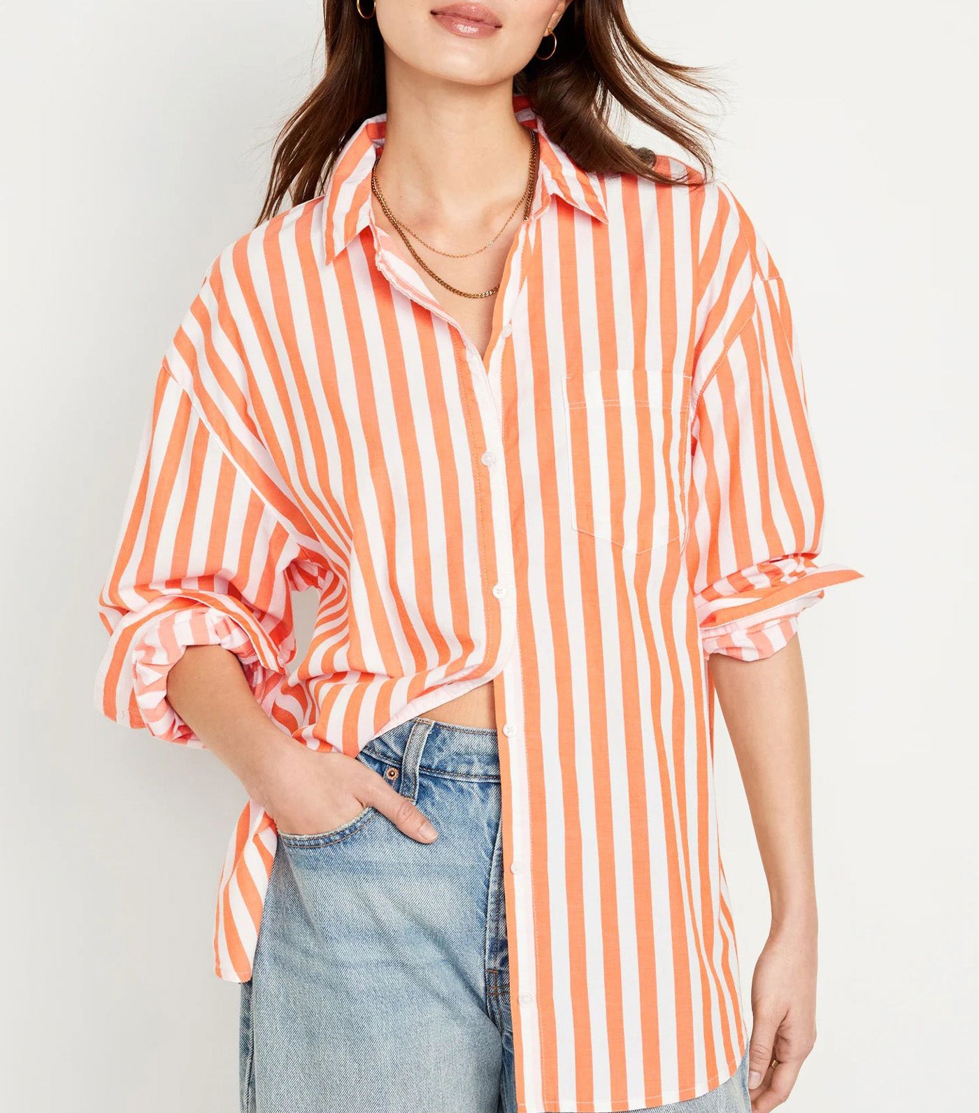 Oversized Poplin Boyfriend Shirt For Women Orange Stripe