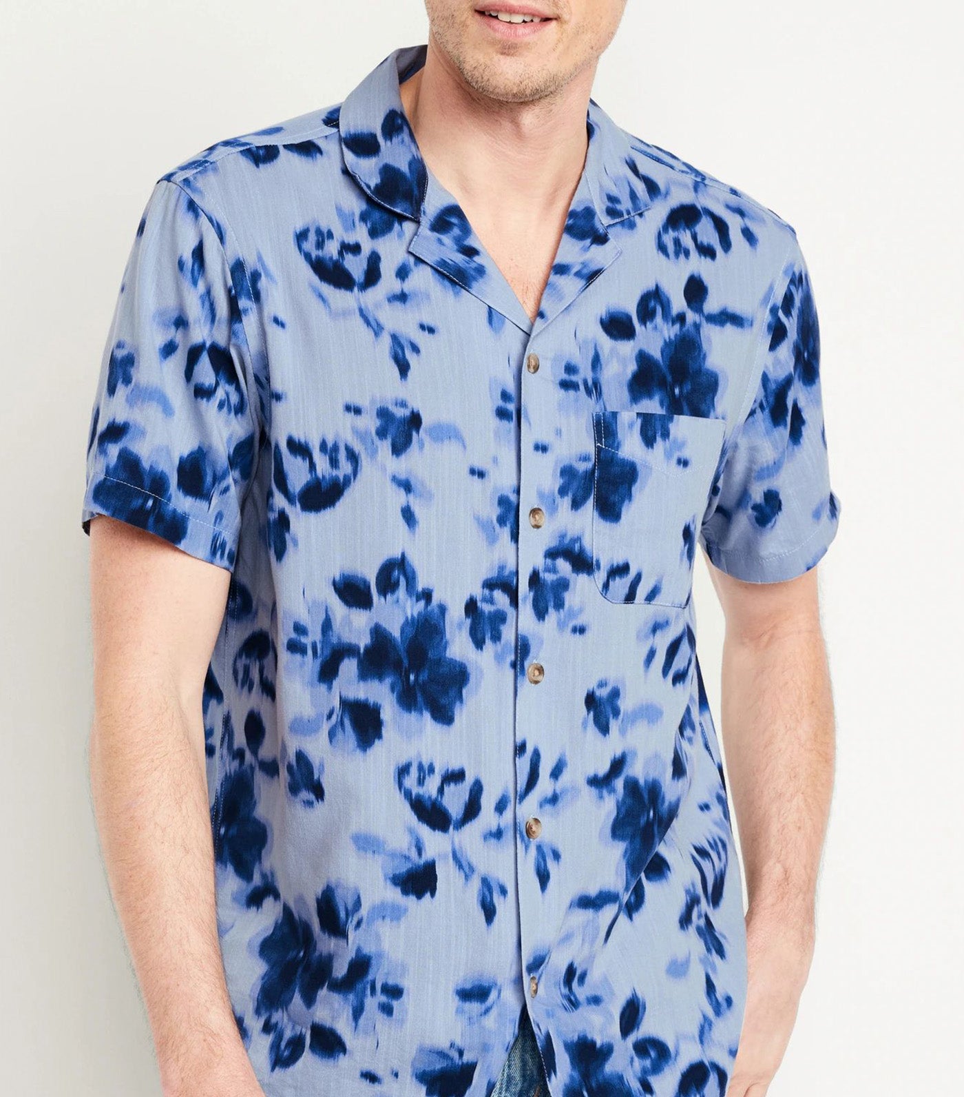 Short-Sleeve Slub-Knit Camp Shirt For Men Large Blue Floral