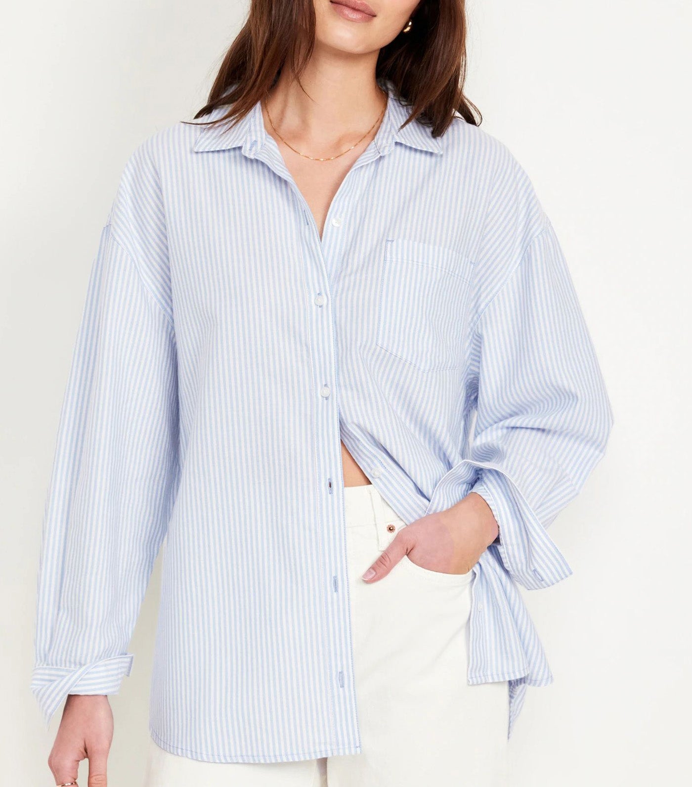 Women's Oversized Button-Down Boyfriend Shirt Light Blue Stripe